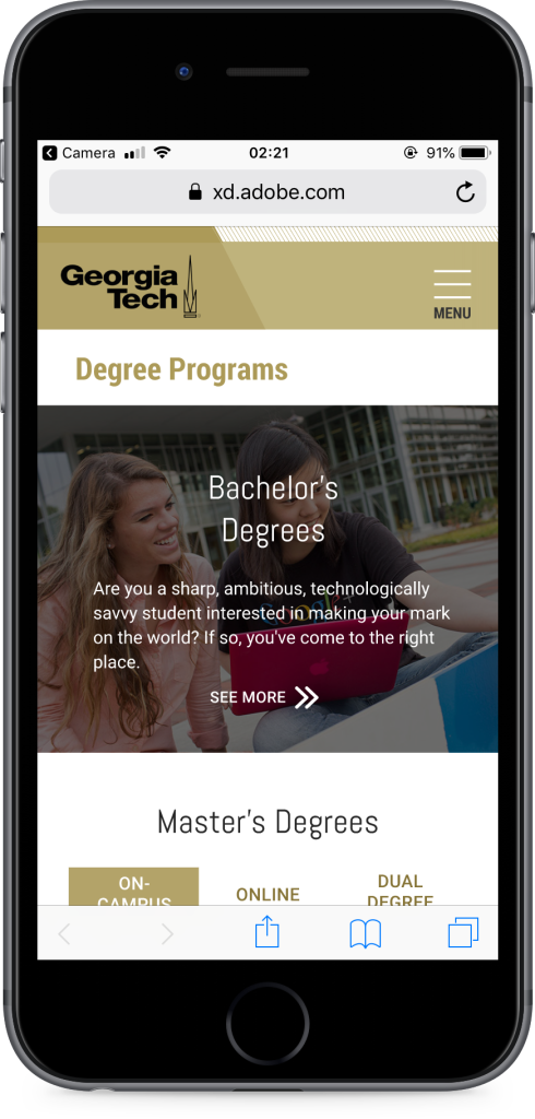 Mobile mockup of the redesigned College of Computing degree programs page