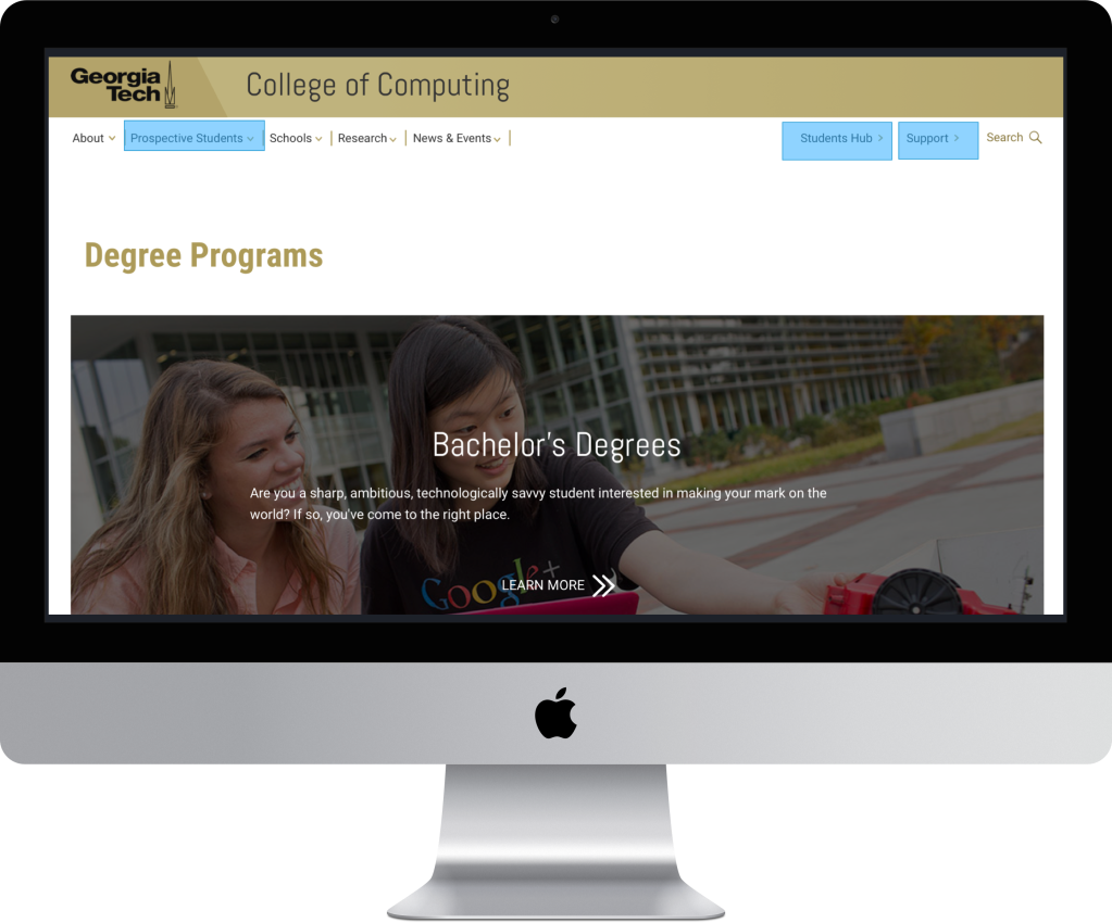 Desktop mockup of the redesigned College of Computing degree programs page