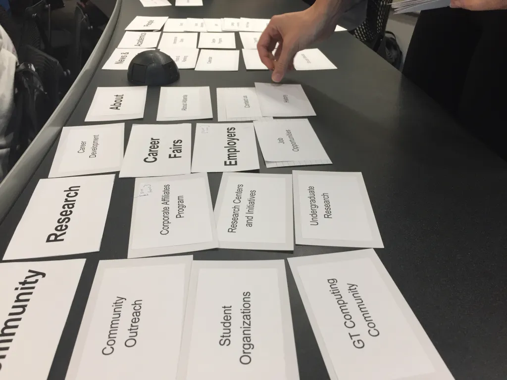 Photo of the in-person hybrid card sorting task, with category and item cards spread across a table