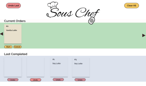 Sous Chef iteration 1 — horizontal Current Orders row with tan slips and a Last Completed row below