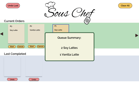 Sous Chef iteration 1 — the voice-requested Queue Summary pop-up listing drink counts