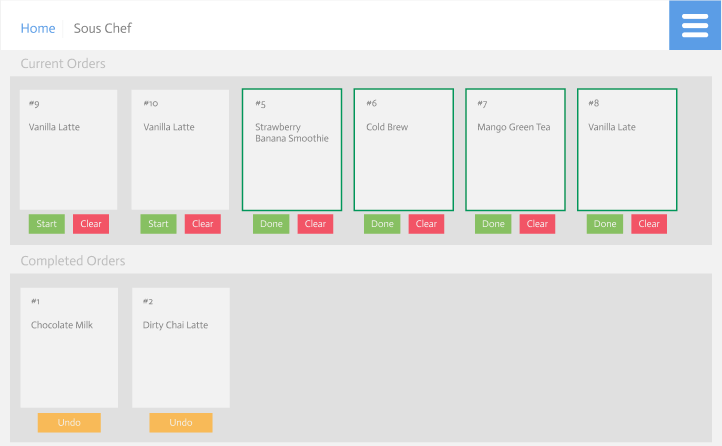 Sous Chef iteration 2 — cleaner web app with in-progress orders outlined in green