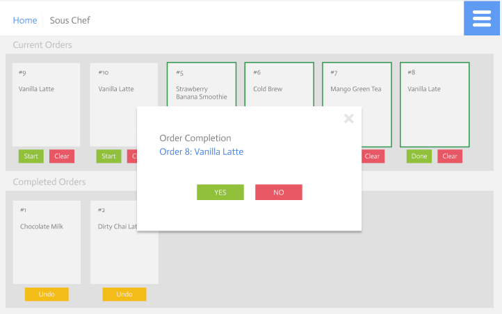 Sous Chef iteration 2 — an Order Completion confirmation pop-up