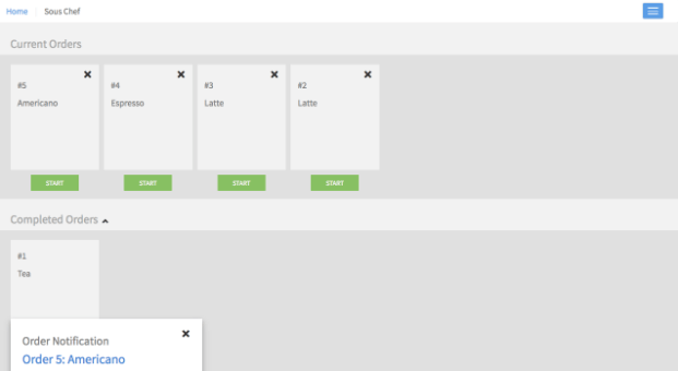 Sous Chef iteration 3 — fewer buttons with an order notification in the bottom-left corner